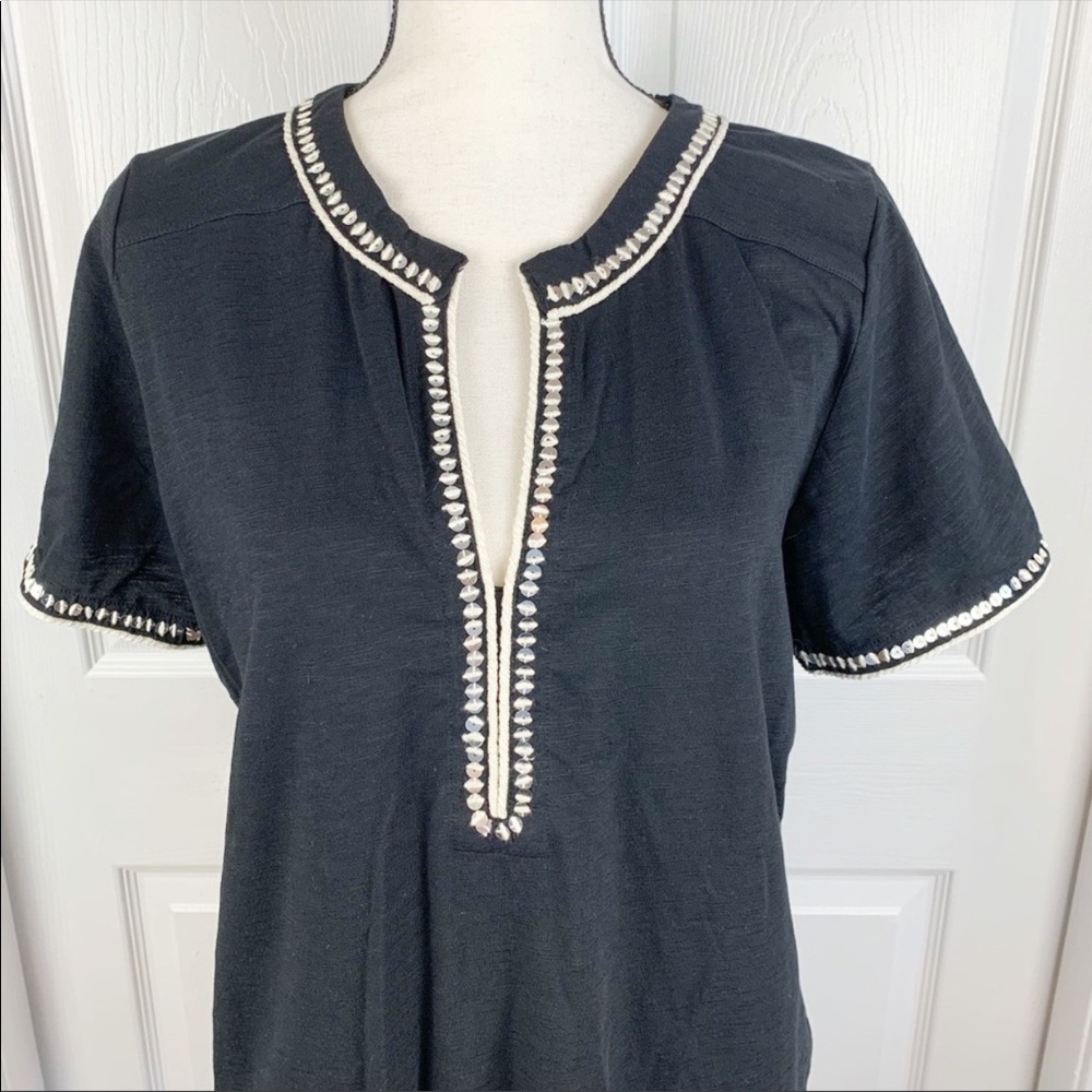 Black Sequin Trim Split Neck Top Size 12